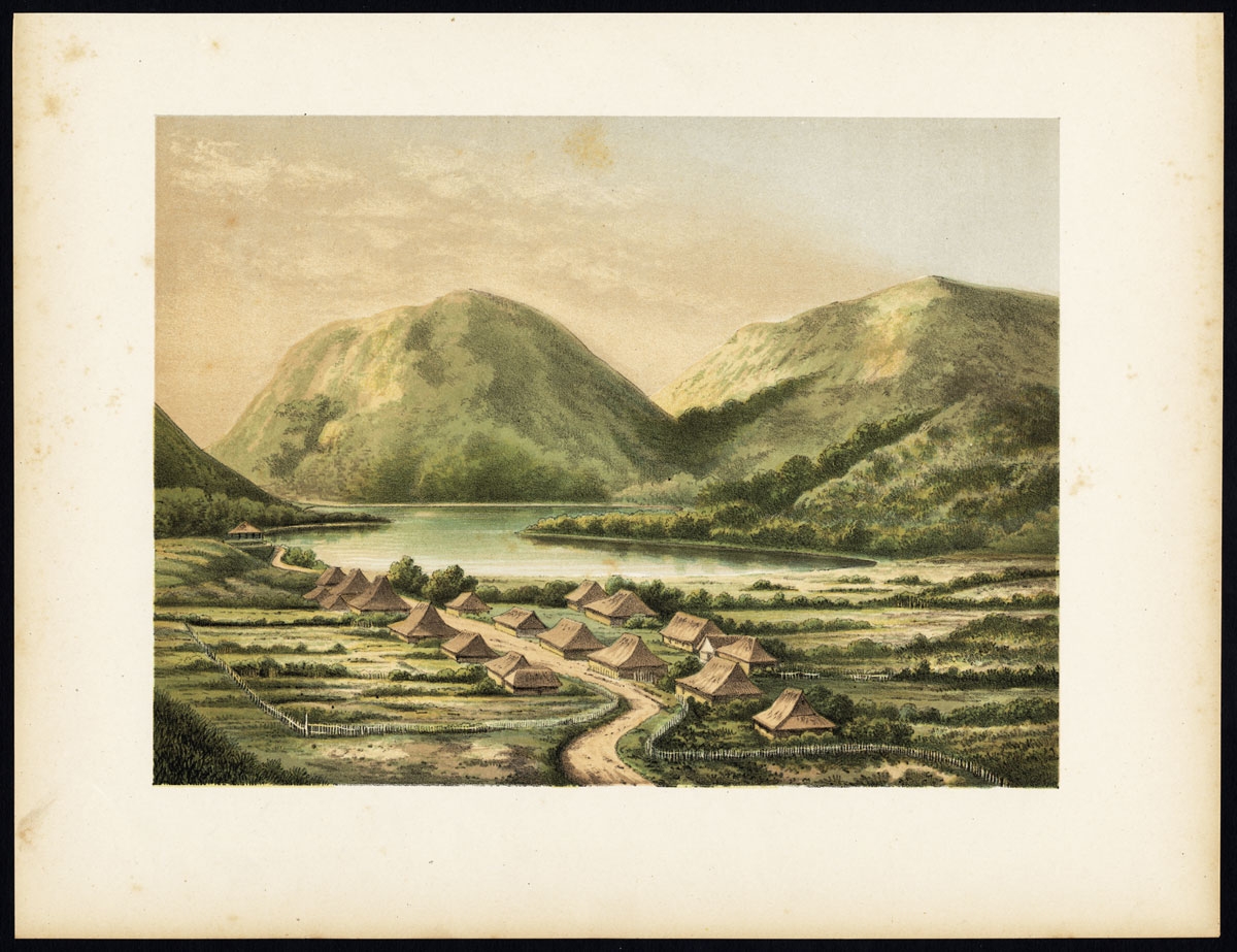 Pl.II p.72 Desa Simpoengan on Iake Telaga Tjeboeng – Perelear (1888)