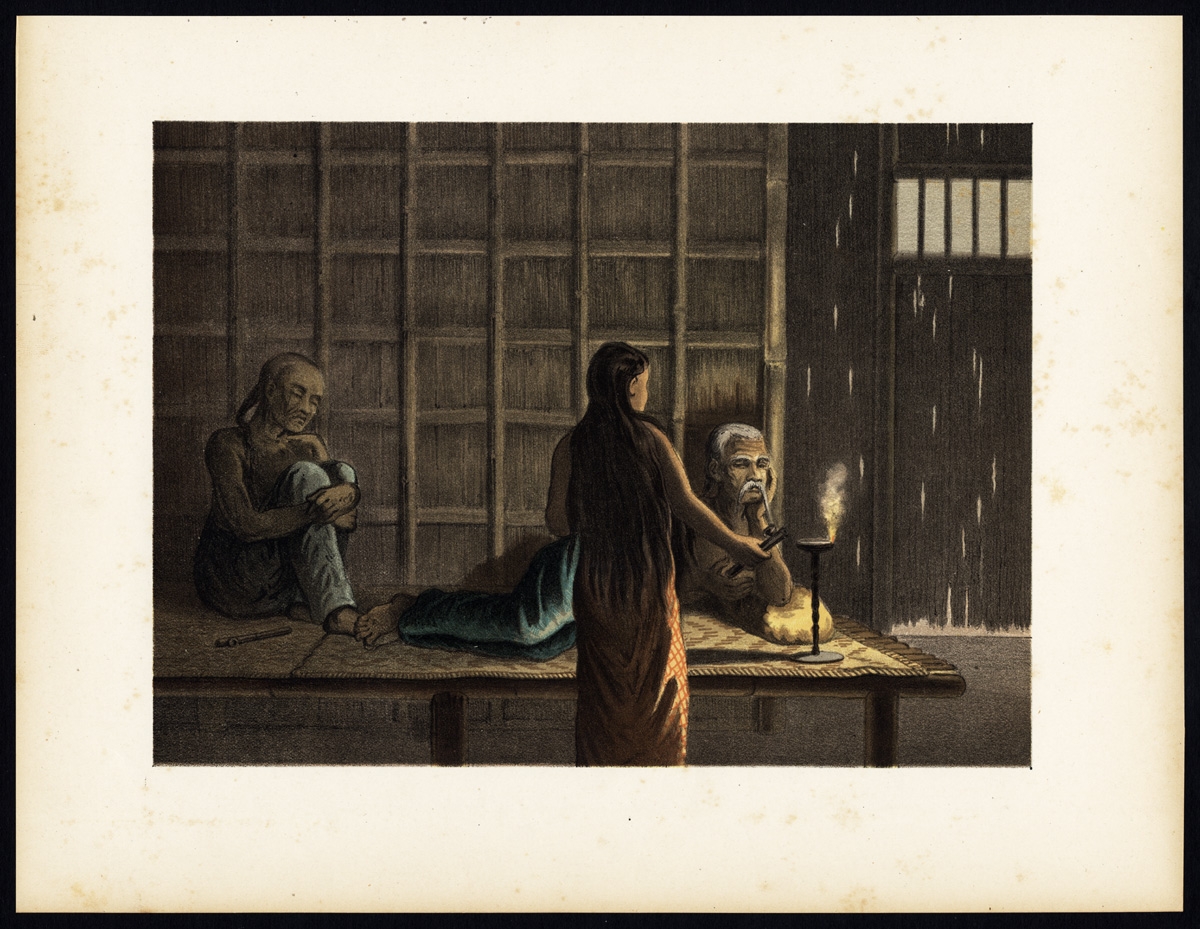 Antique Print of an Opium Den (Java) by Perelaer (1888)