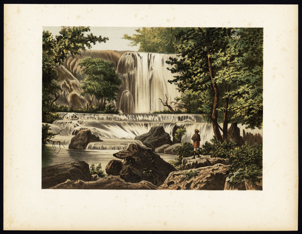 Antique Print of a Waterfall on Java by Perelaer (1888)