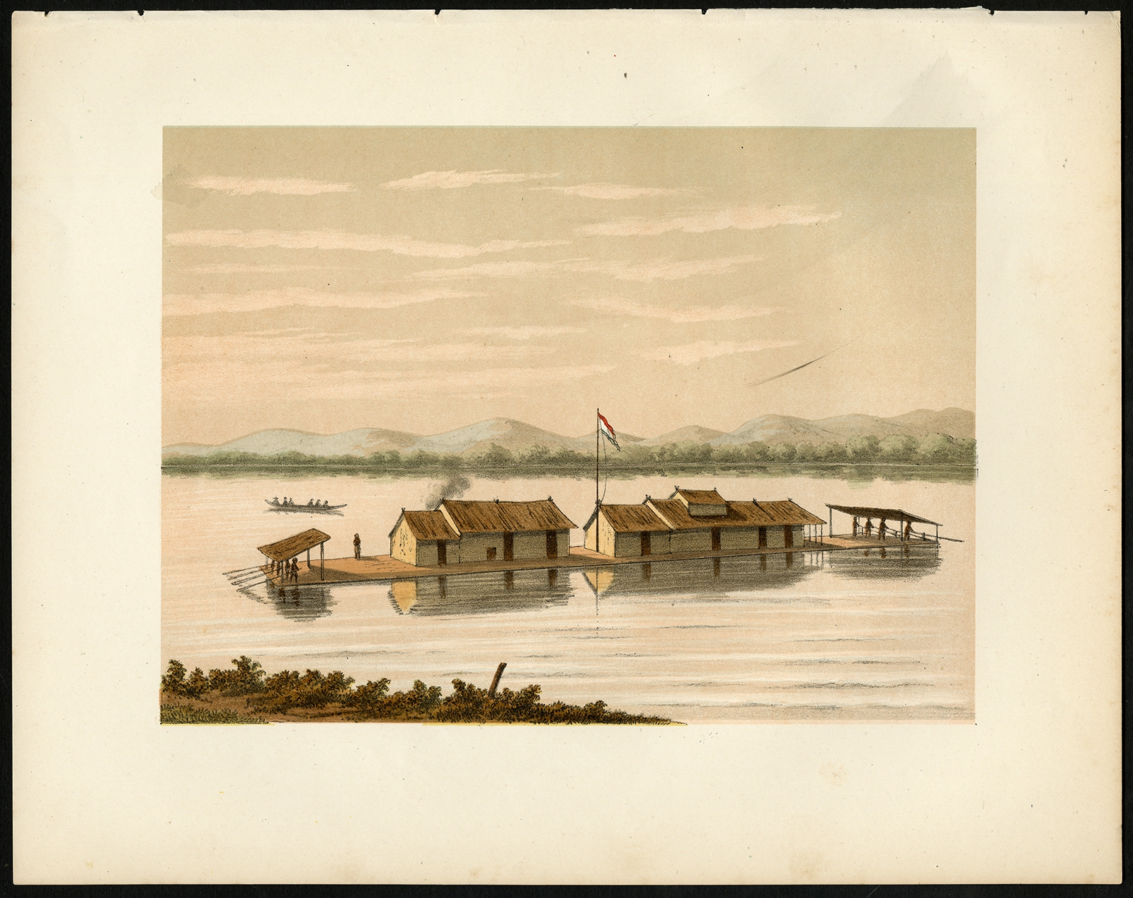 Antique Print of a Raft of the Dusun People by Perelaer (1888)