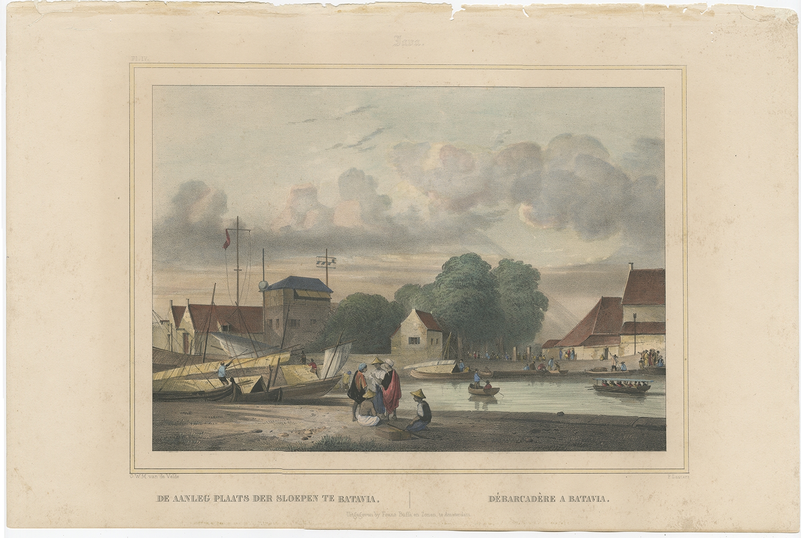 Antique Print of a loading dock in Batavia by Lauters (1844)