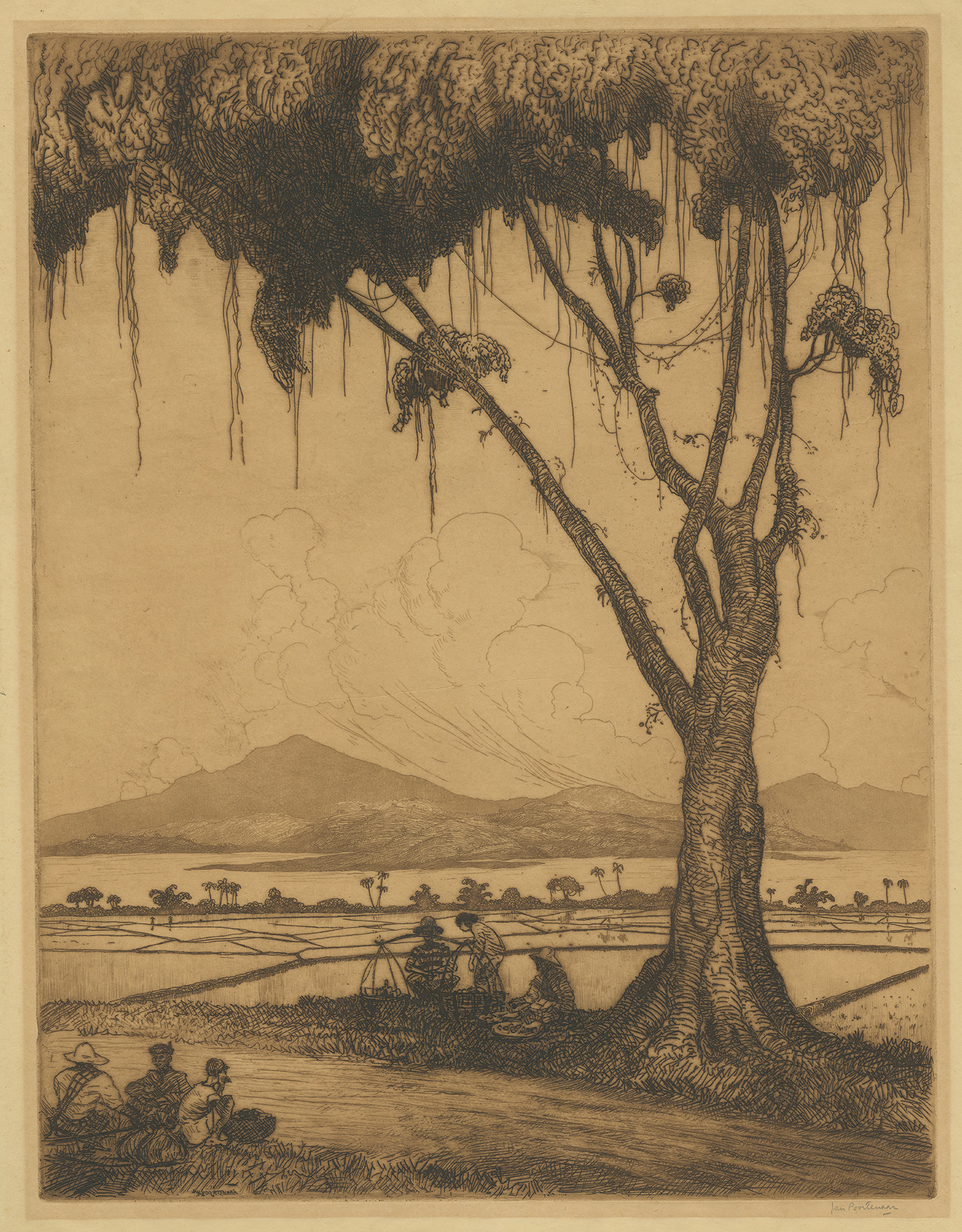 Antique Etching Java Landscape II by Poortenaar (c.1922)