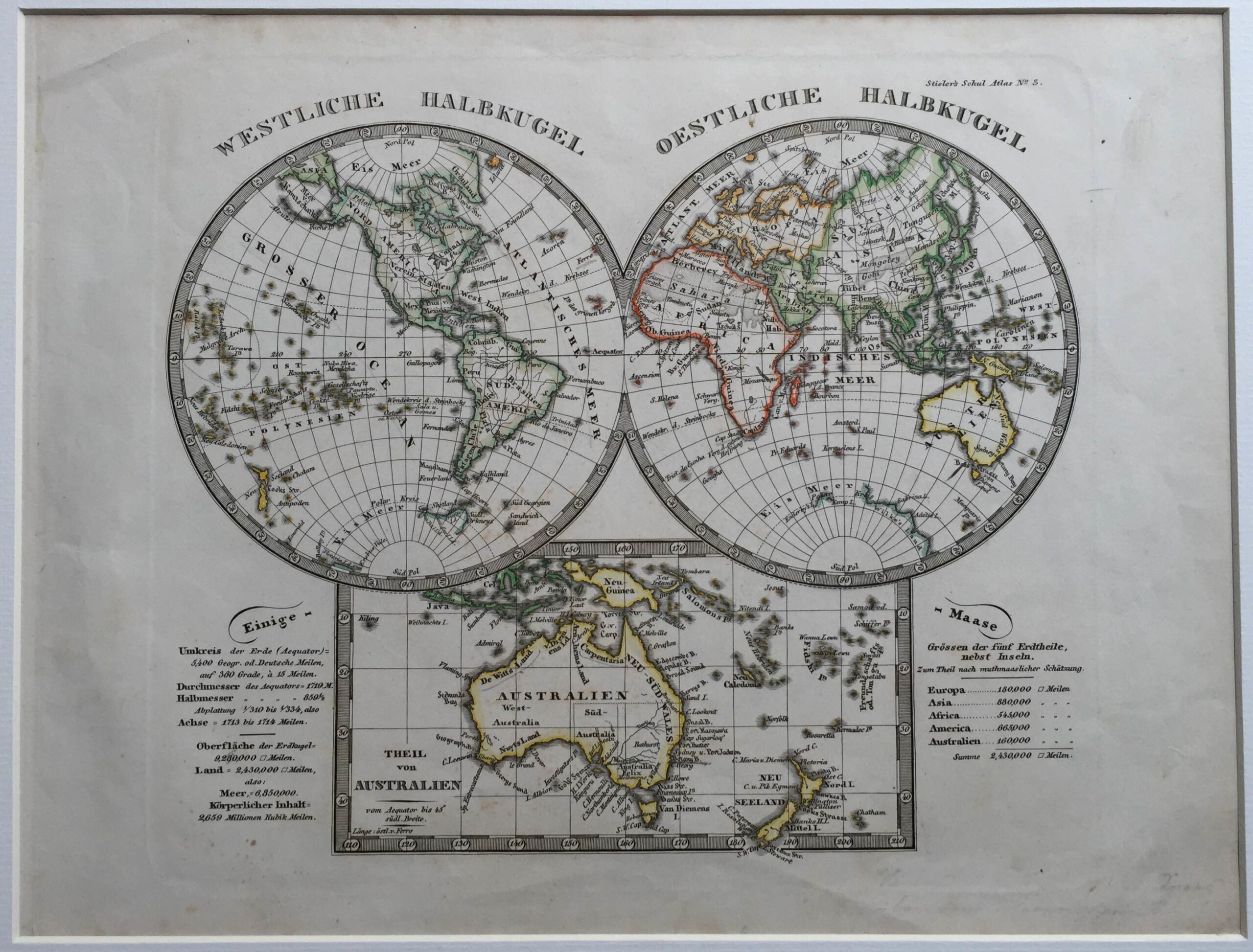 Antique World Map by A. Stieler (c.1870)