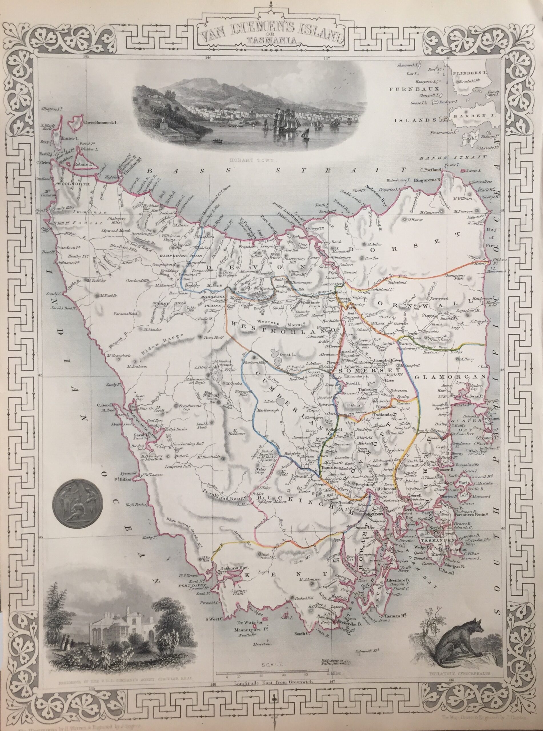 Antique Map Tasmania/Van Diemen’s Land by Tallis (c.1851)