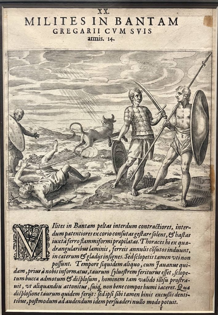 Antique Print Bantam Warriors/Ox Hunters by De Bry (c.1598)
