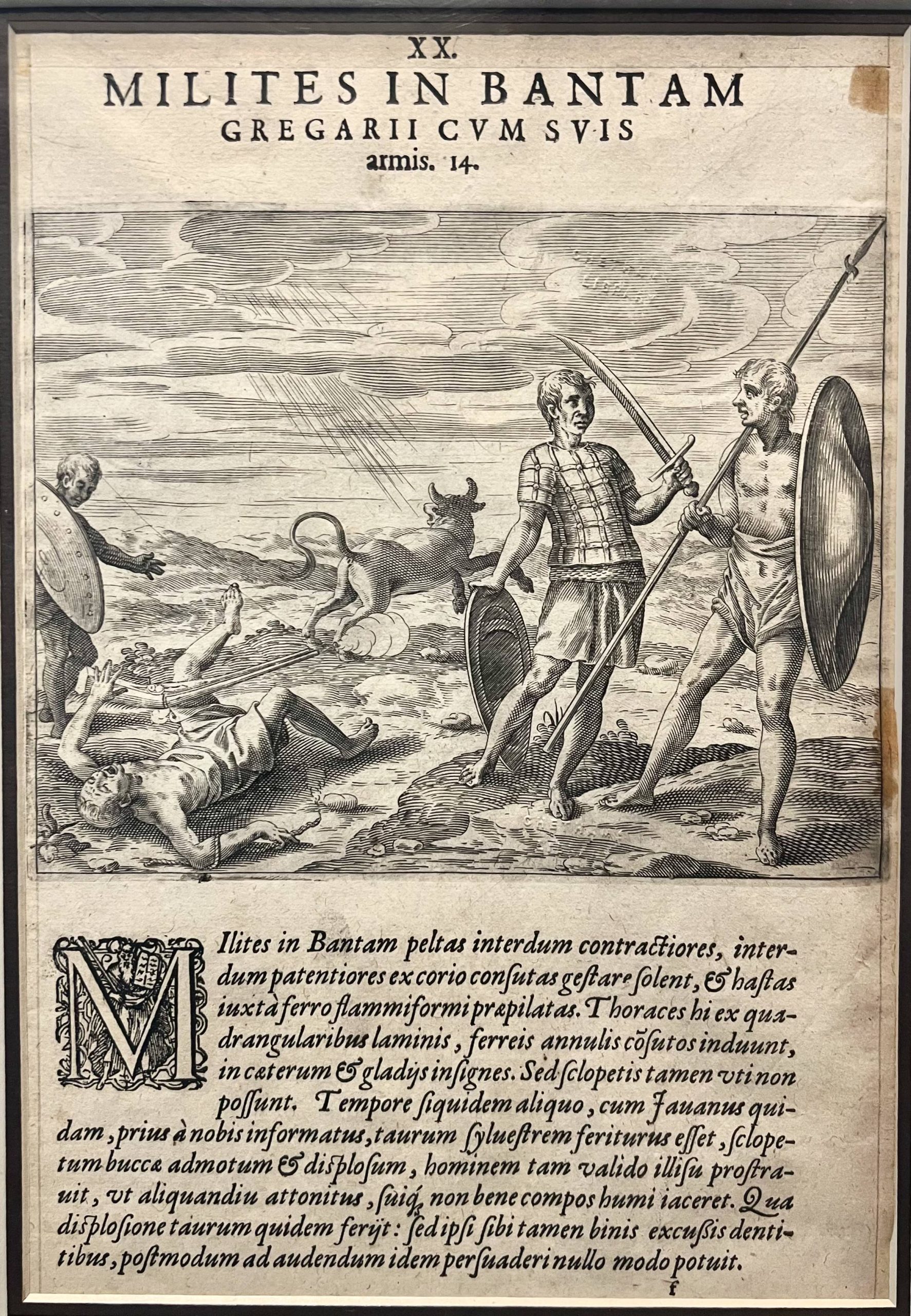 Antique Print Bantam Warriors/Ox Hunters by De Bry (c.1598)
