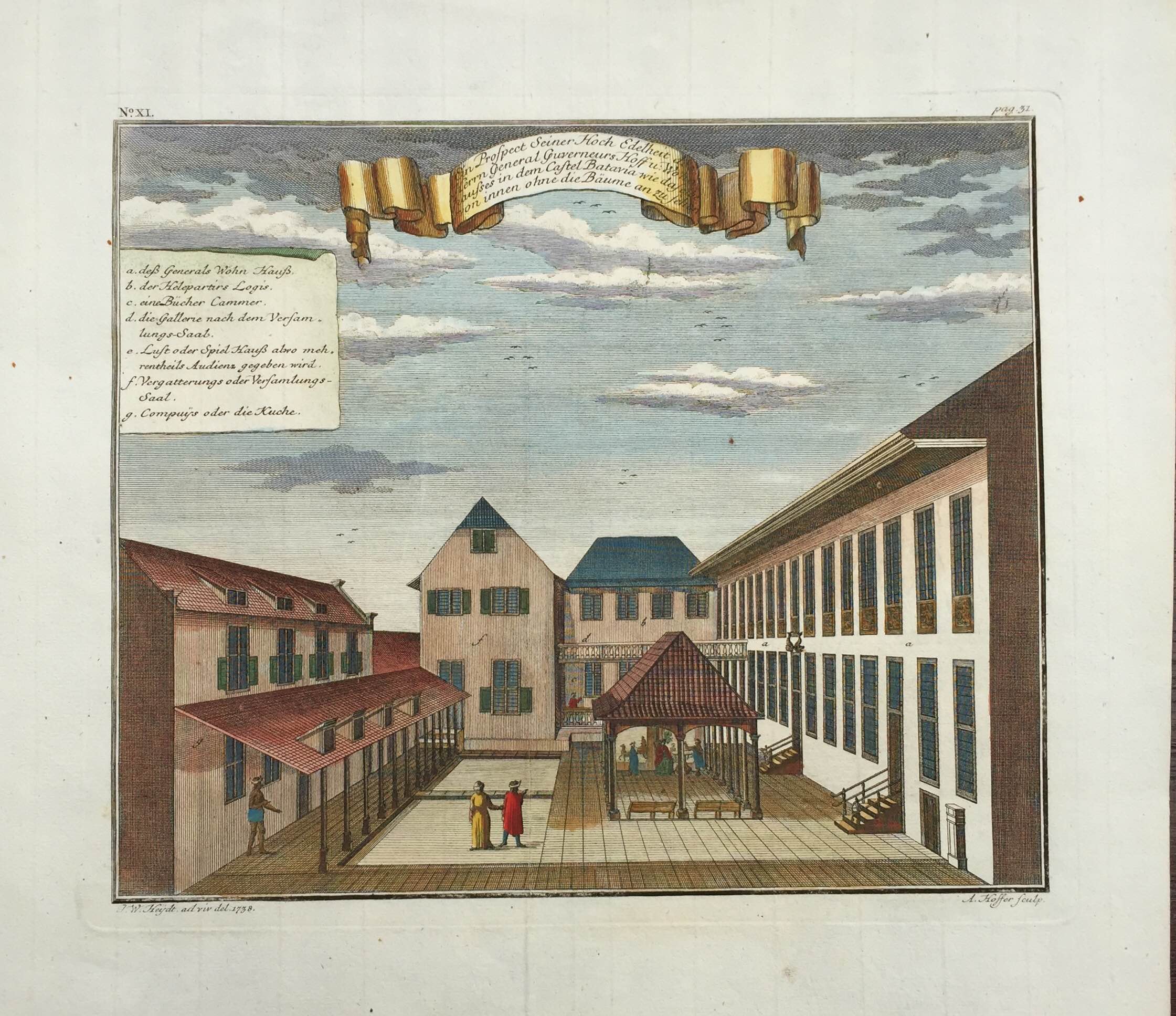 Antique Print of the Governor-General’s Residence in Batavia by J.W. Heydt (1744)
