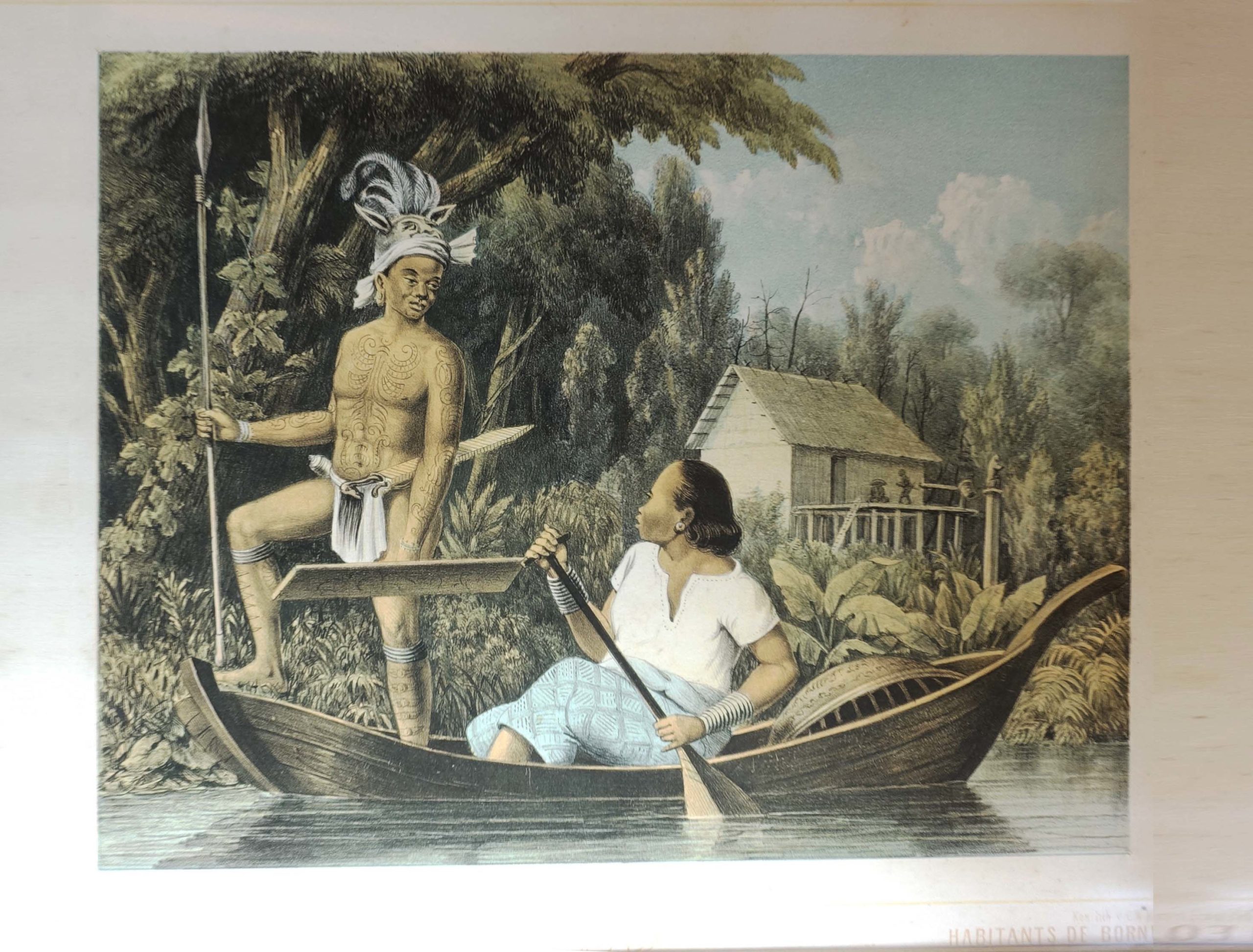 Antique Print of Dayak People of Borneo by Van Pers (c.1858)