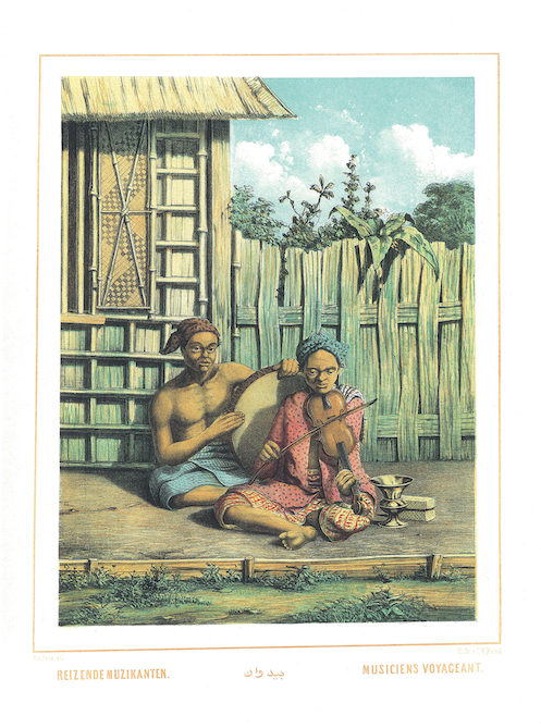Antique Print of Travelling Musicians by Van Pers (c.1858)