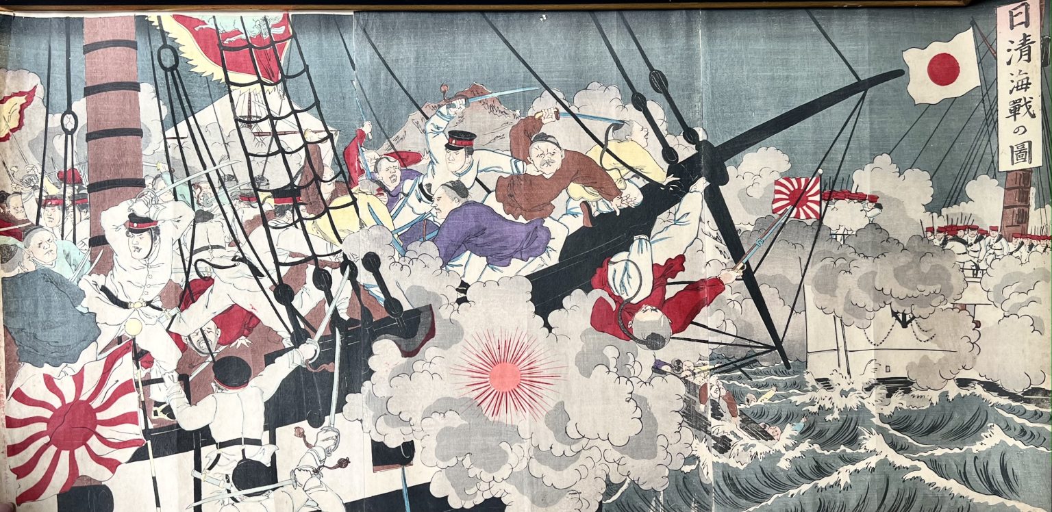 The Battle Scene of Japanese Marines and Chinese troops in the Yellow Sea – Toyohara Chikanobu (c.1896)